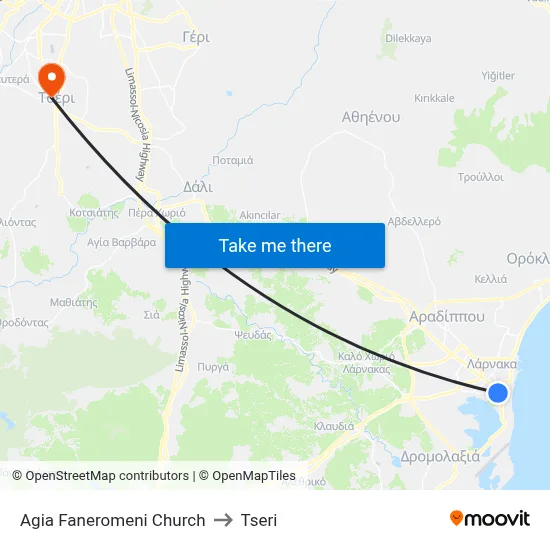 Agia Faneromeni Church to Tseri map