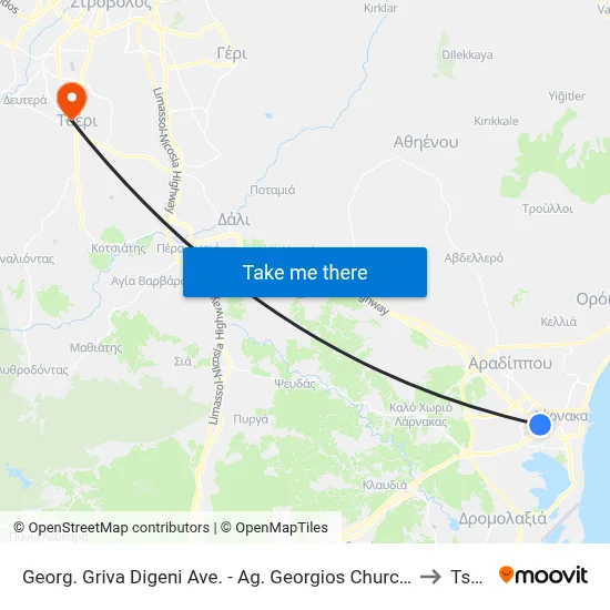 Georg. Griva Digeni Ave. - Ag. Georgios Church to Tseri map