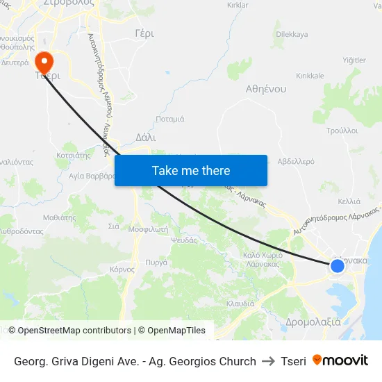 Georg. Griva Digeni Ave. - Ag. Georgios Church to Tseri map
