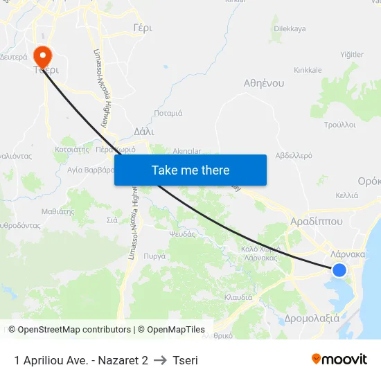 1 Apriliou Ave. - Nazaret 2 to Tseri map