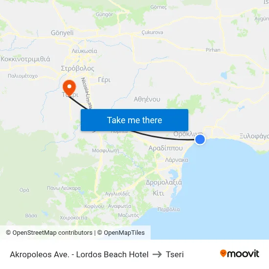 Akropoleos Ave. - Lordos Beach Hotel to Tseri map