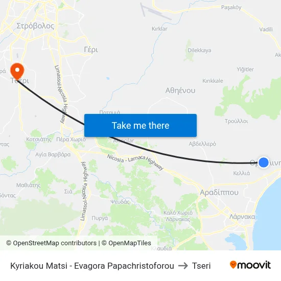 Kyriakou Matsi - Evagora Papachristoforou to Tseri map