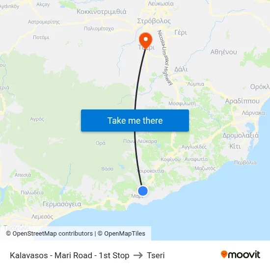 Kalavasos - Mari Road - 1st Stop to Tseri map