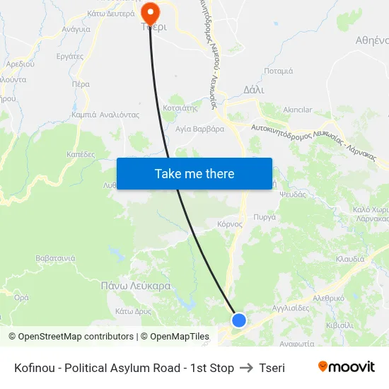 Kofinou - Political Asylum Road - 1st Stop to Tseri map