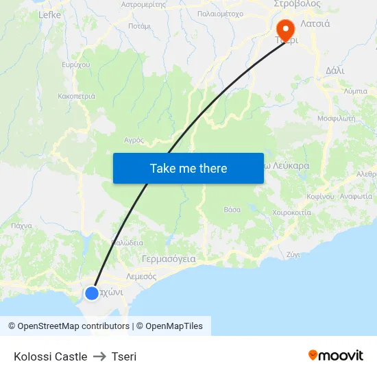 Kolossi Castle to Tseri map