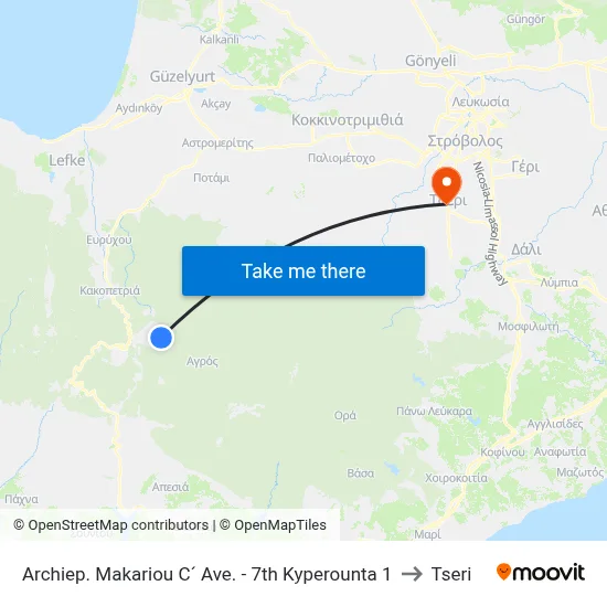 Archbishop Makarios III Ave - 7th Kyperounta 1 to Tseri map