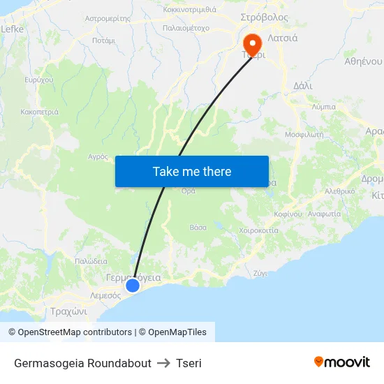 Germasogeia Roundabout to Tseri map