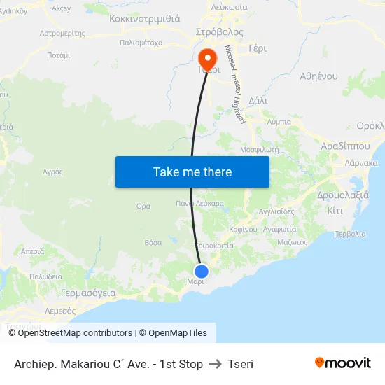 Archbishop Makarios III Avenue - 1st Stop to Tseri map