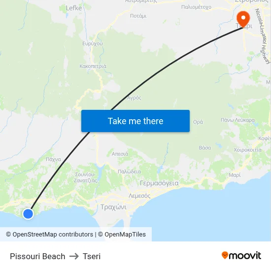 Pissouri Beach to Tseri map