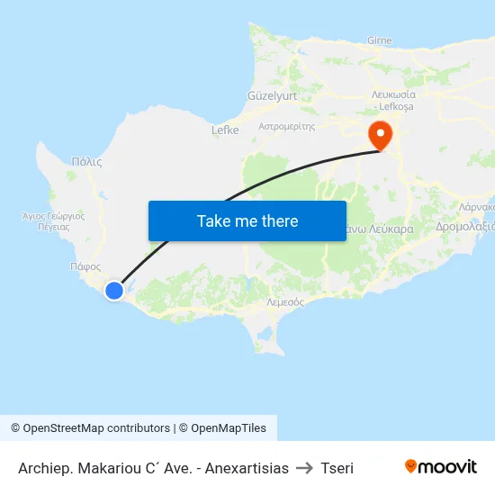 Archiep. Makariou C´ Ave. - Anexartisias to Tseri map