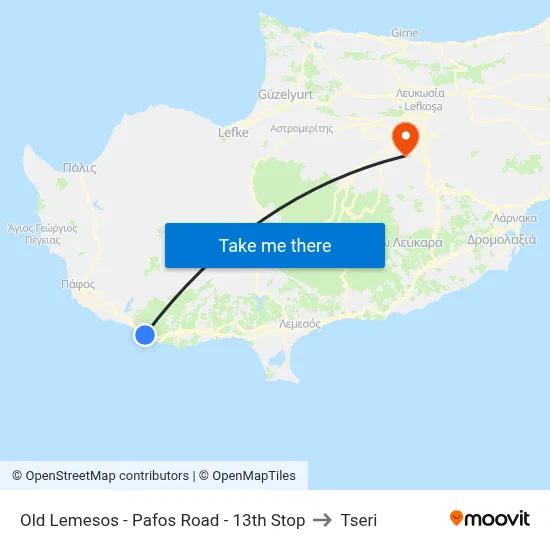 Old Limassol - Paphos Road - 13th Stop to Tseri map