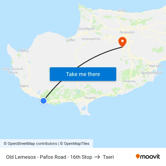 Old Lemesos - Pafos Road - 16th Stop to Tseri map
