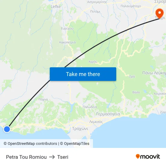 Petra tou Romiou to Tseri map