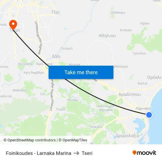 Foinikoudes - Larnaka Marina to Tseri map