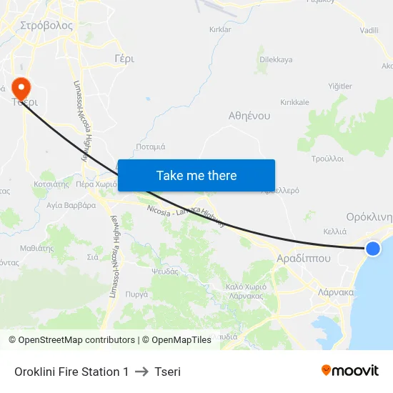 Oroklini Fire Station 1 to Tseri map