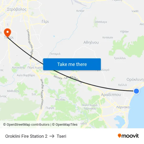 Oroklini Fire Station 2 to Tseri map