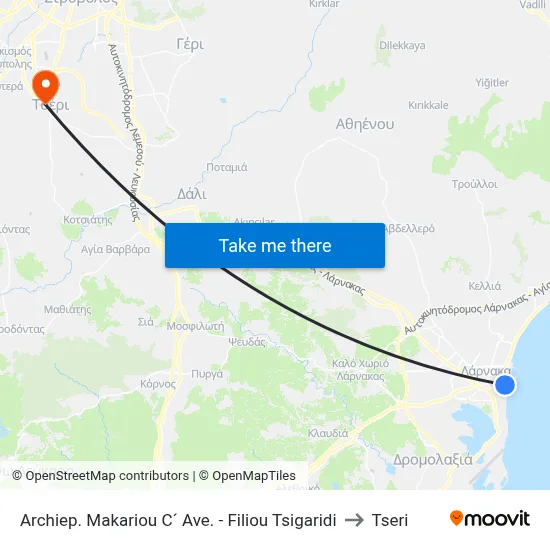 Archiep. Makariou C´ Ave. - Filiou Tsigaridi to Tseri map