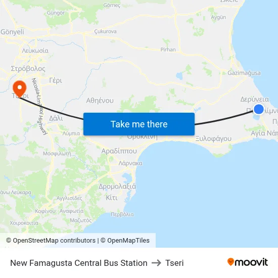 New Famagusta Central Bus Station to Tseri map