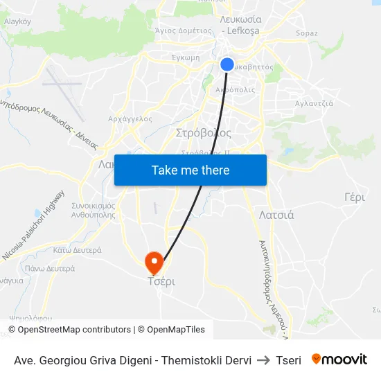 Georgiou Griva Digeni Ave - Themistokli Dervi to Tseri map