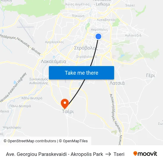 Ave. Georgiou Paraskevaidi - Akropolis Park to Tseri map