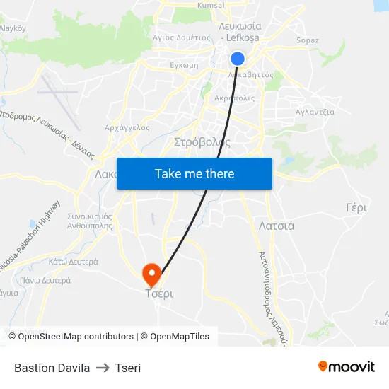 Bastion Davila to Tseri map