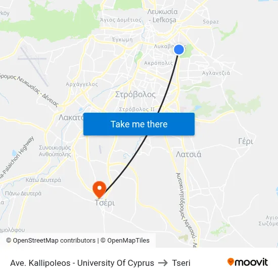 Ave. Kallipoleos - University Of Cyprus to Tseri map