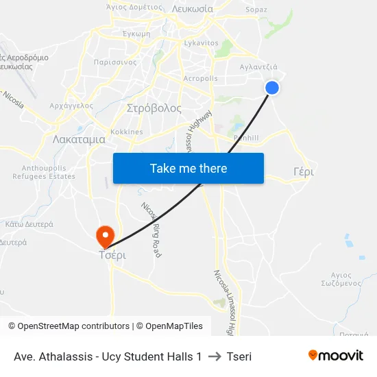 Ave. Athalassis - Ucy Student Halls to Tseri map