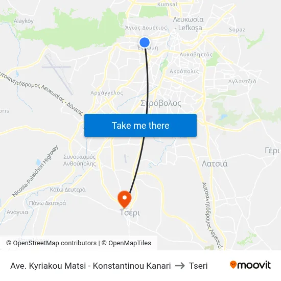 Kyriakou Matsi Avenue - Konstantinou Kanari to Tseri map