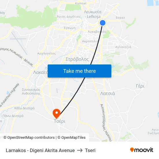 Larnaca - Digeni Akrita Avenue to Tseri map