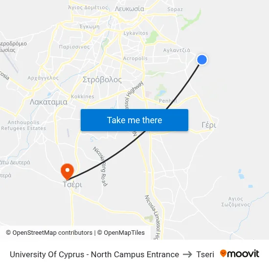 University Of Cyprus - North Campus Entrance to Tseri map
