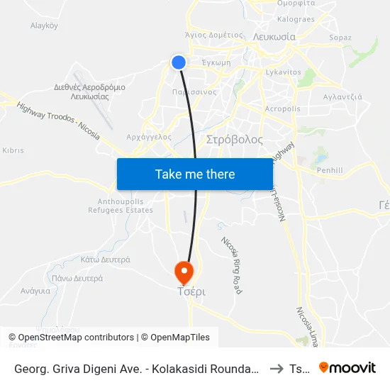 Georg. Griva Digeni Ave. - Kolakasidi Roundabout to Tseri map