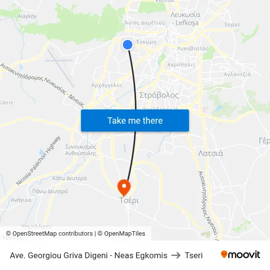 George Grivas Digenis Ave - Nea Engomi to Tseri map