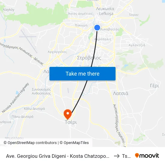 Georgiou Griva Digeni Avenue - Kosta Chatzopoulou to Tseri map