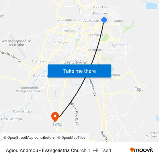 Ag. Andreou - Evangelistria Church to Tseri map