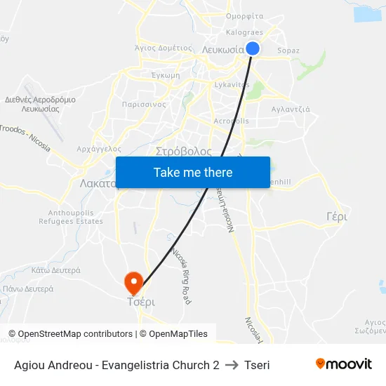 Ag. Andreou - Evangelistria Church to Tseri map