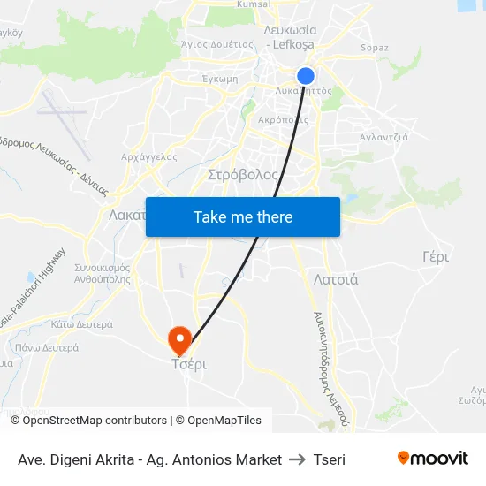 Ave. Digeni Akrita - Ag. Antonios Market to Tseri map