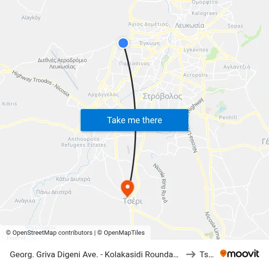 Georg. Griva Digeni Ave. - Kolakasidi Roundabout to Tseri map