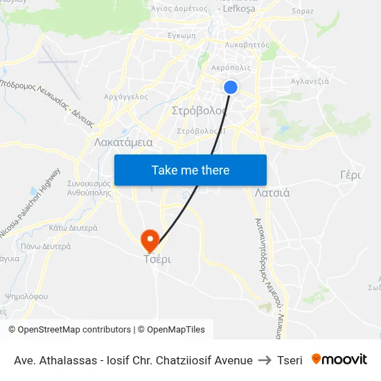 Athalassa Ave - Iosif Chr. Chatziiosif Avenue to Tseri map