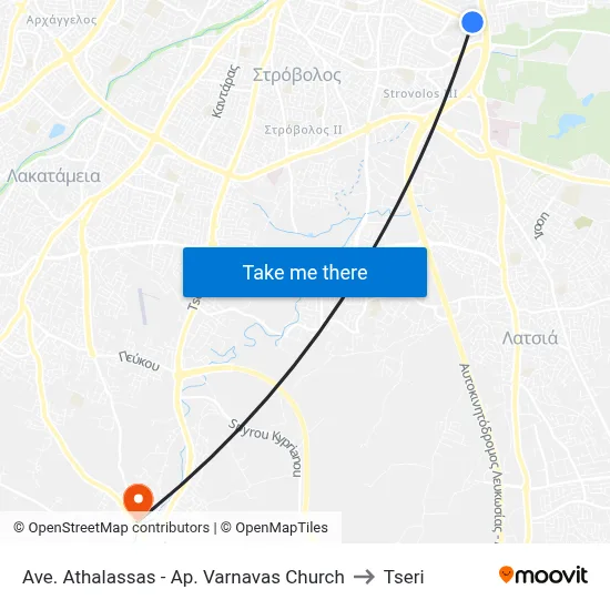 Ave. Athalassas - Ap. Varnavas Church to Tseri map