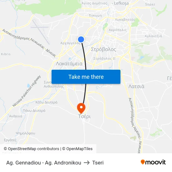 Ag. Gennadiou - Ag. Andronikou to Tseri map