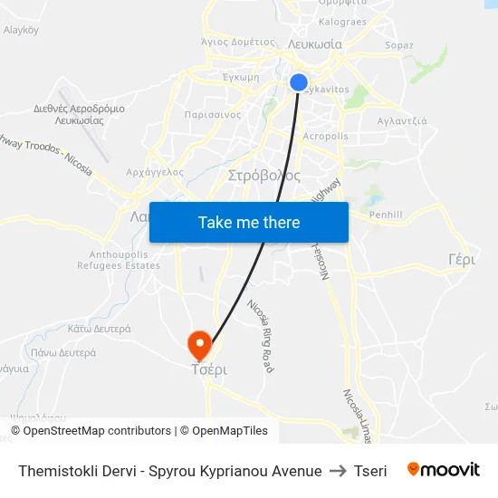Themistokli Dervi - Spyros Kyprianou Avenue to Tseri map