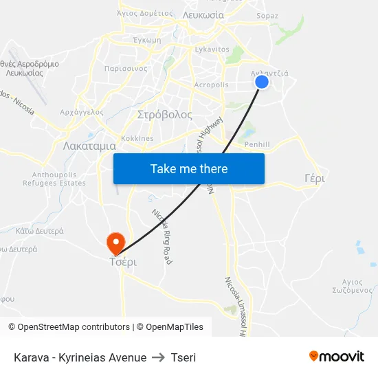 Karava - Kyrineias Avenue to Tseri map