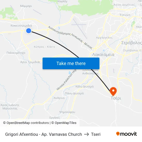 Grigori Afxentiou - Ap. Varnavas Church to Tseri map