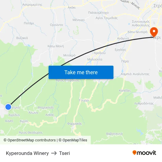 Kyperounda Winery to Tseri map