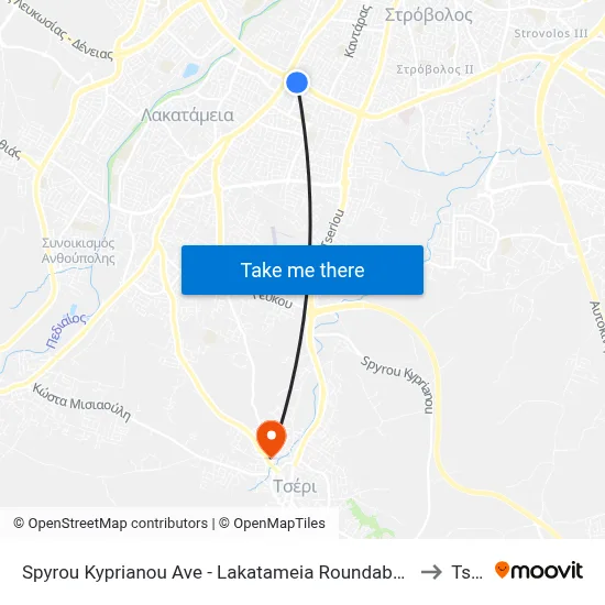 Spyros Kyprianou Avenue - Lakatameia Roundabout Metro to Tseri map