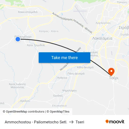 Ammochostou - Paliometocho Settlement to Tseri map