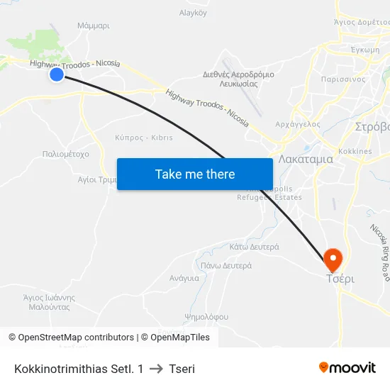 Kokkinotrimithia Settlement 1 to Tseri map