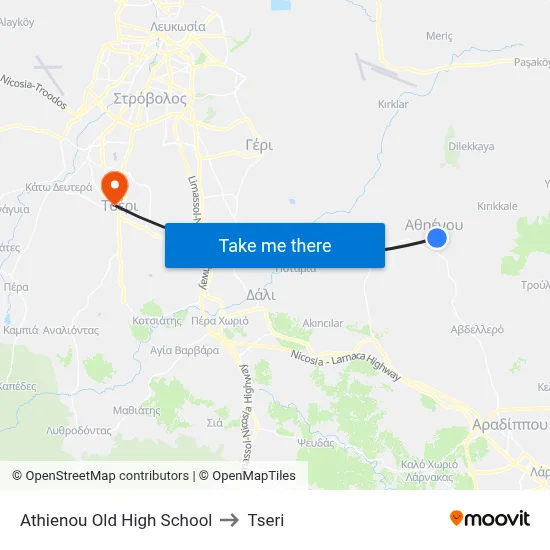 Athienou Old High School to Tseri map