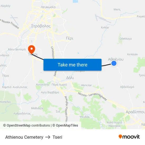 Athienou Cemetery to Tseri map