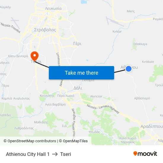 Athienou City Hall 1 to Tseri map